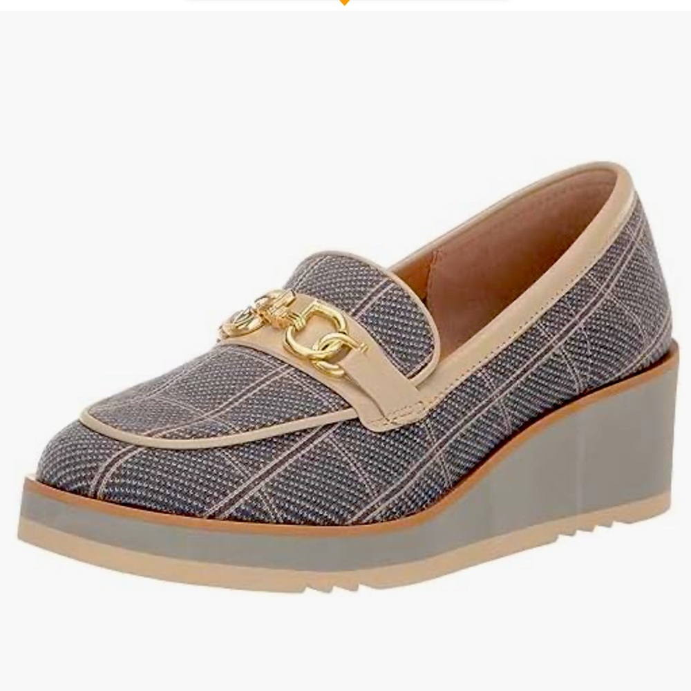 NYDJ Edward Plaid Check Slip-On Fabric & Leather Loafer Wedge 8M Blue LIKE NEW!